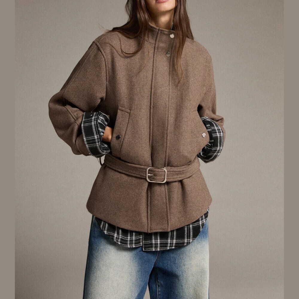 Brown Funnel Neck Belted Button Front Cropped Trench Coat Jacket